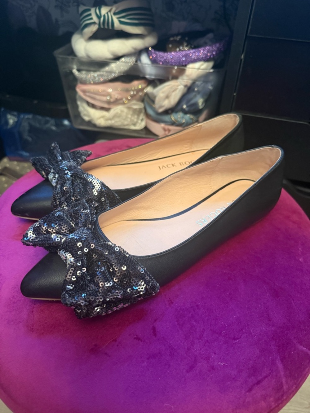 Jack Rogers Black Sequin Bow Pointed Flats